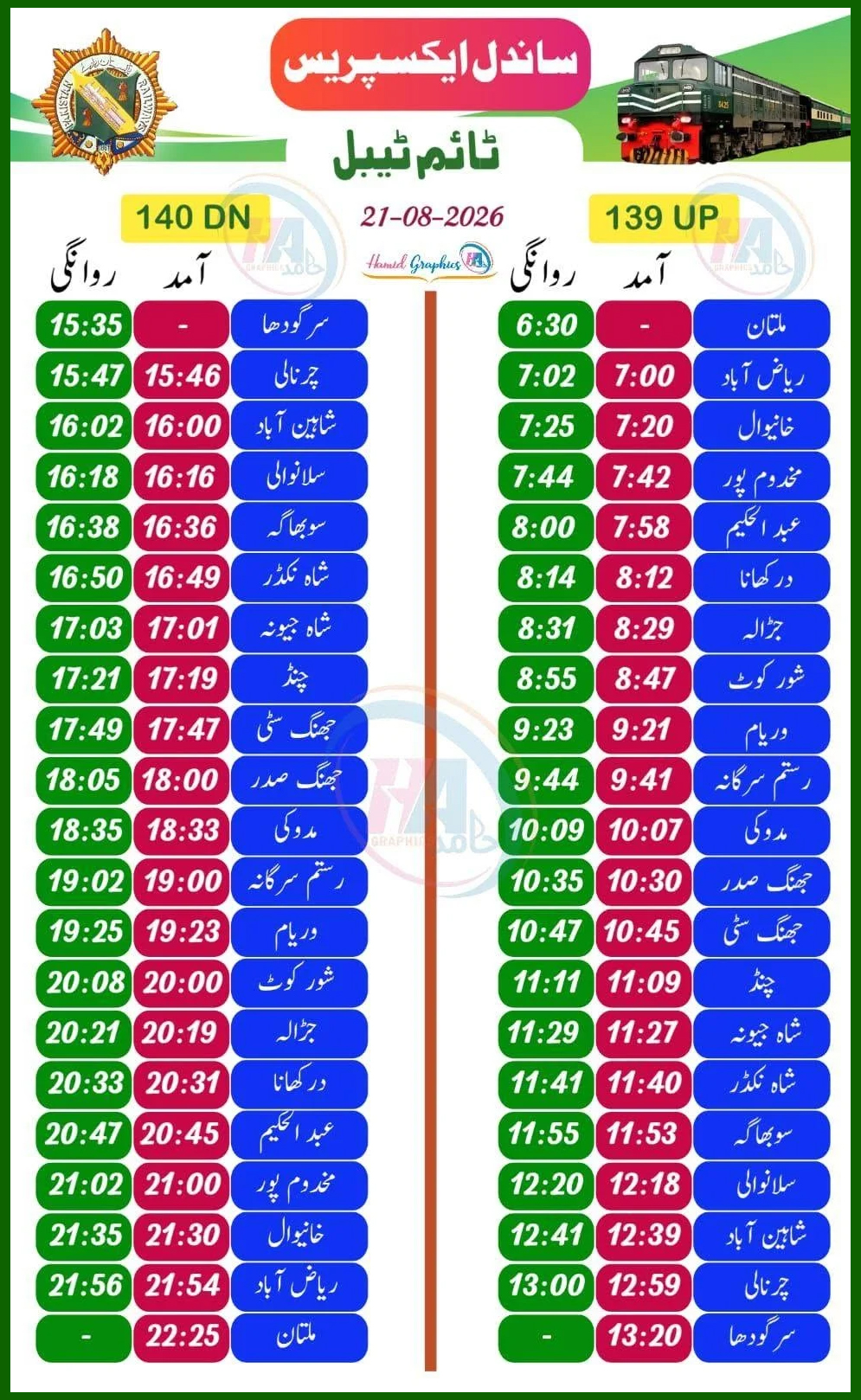 ساندل ایکسپریس ٹرین شیڈول